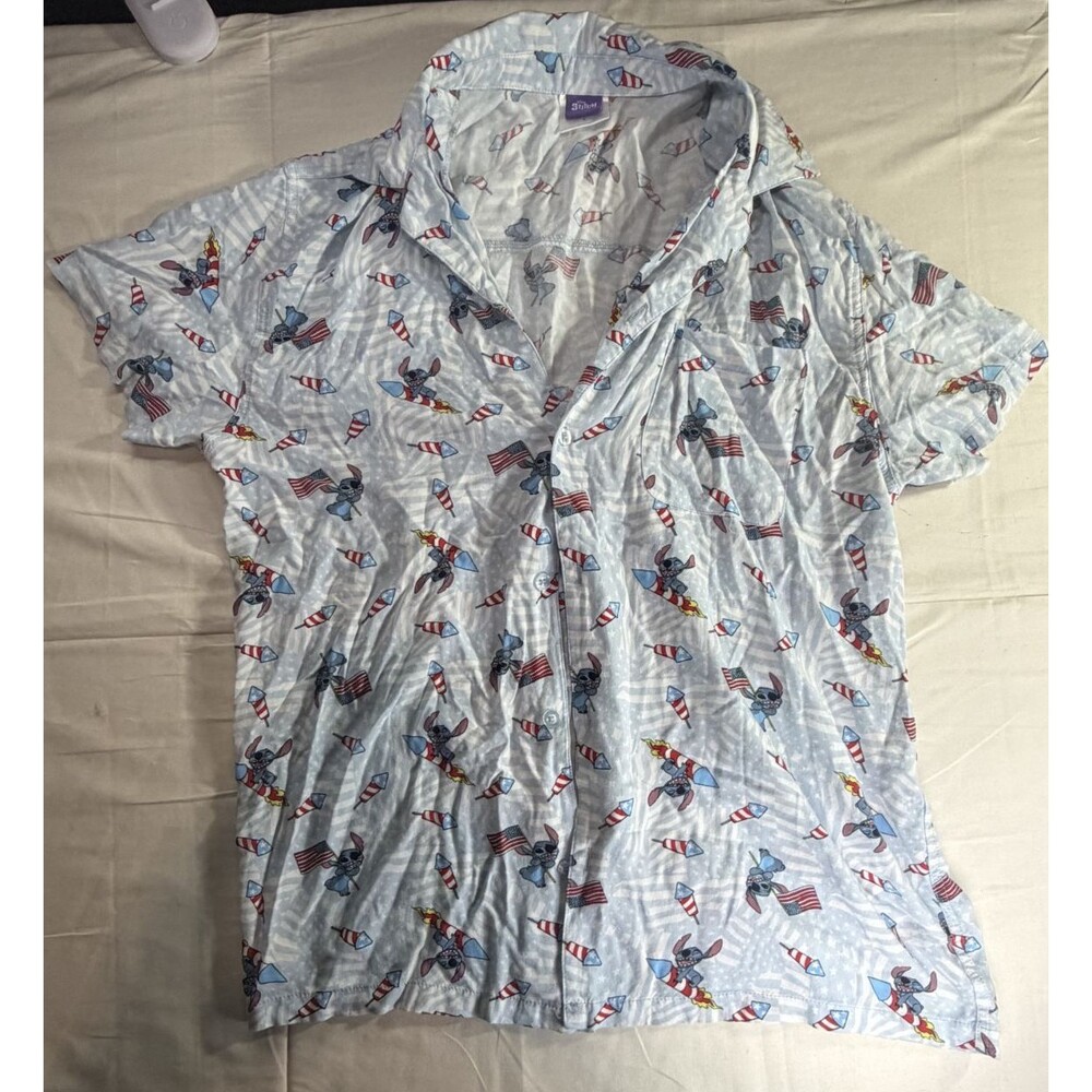 Disney Lilo & Stitch USA Fireworks Hawaiian Button Shirt Adult LG 4th of July
